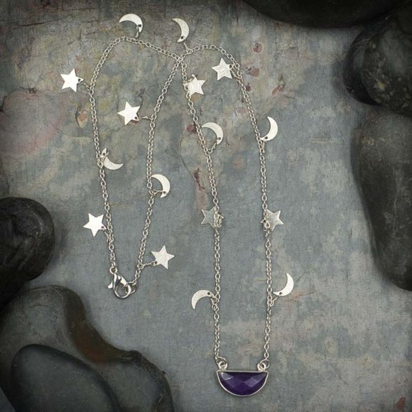 Amethyst Half Moon Pendant on Moon and Star Chain - Picture 2 of 2